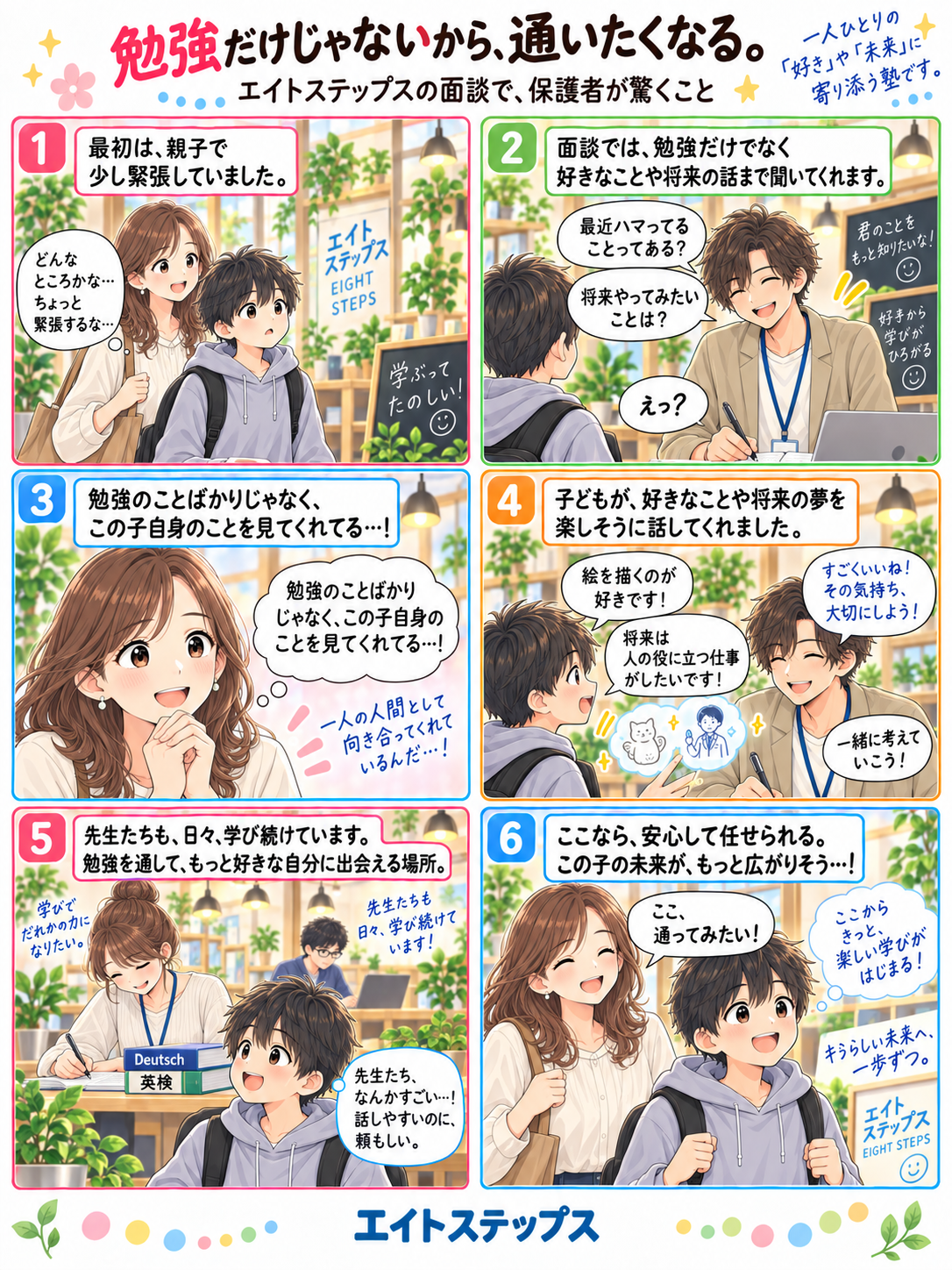 エイトステップスの面談で保護者が驚くこと。勉強だけでなく好きなことや将来の話を聞く